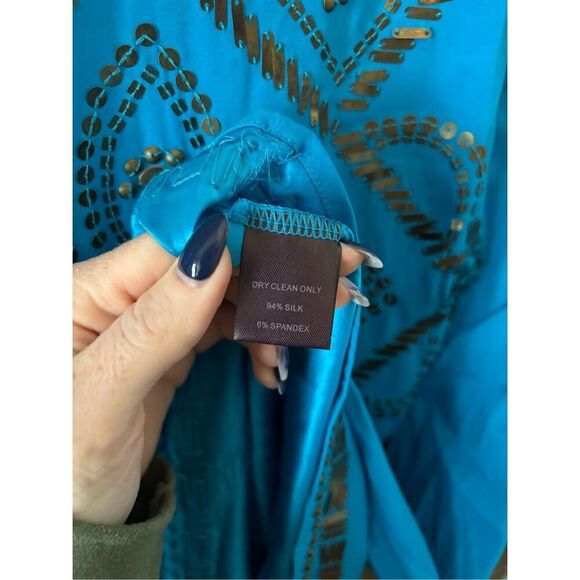 NWT Hale Bob Teal Blue Beaded V-Neck Silk Blend Mini Dress Size Small - Picture 4 of 7